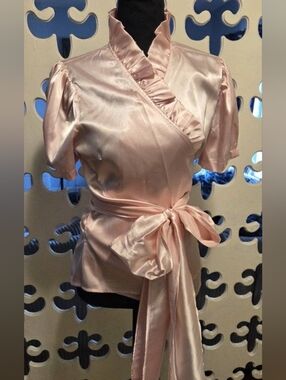 Satin Wrap Top with Ruffle Trim in Light Pink